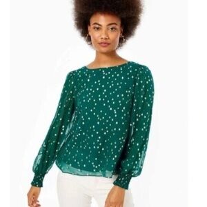 Lilly Pulitzer Idina Silk Top S Spruce Green Gold Metallic Dot Blouse Holiday